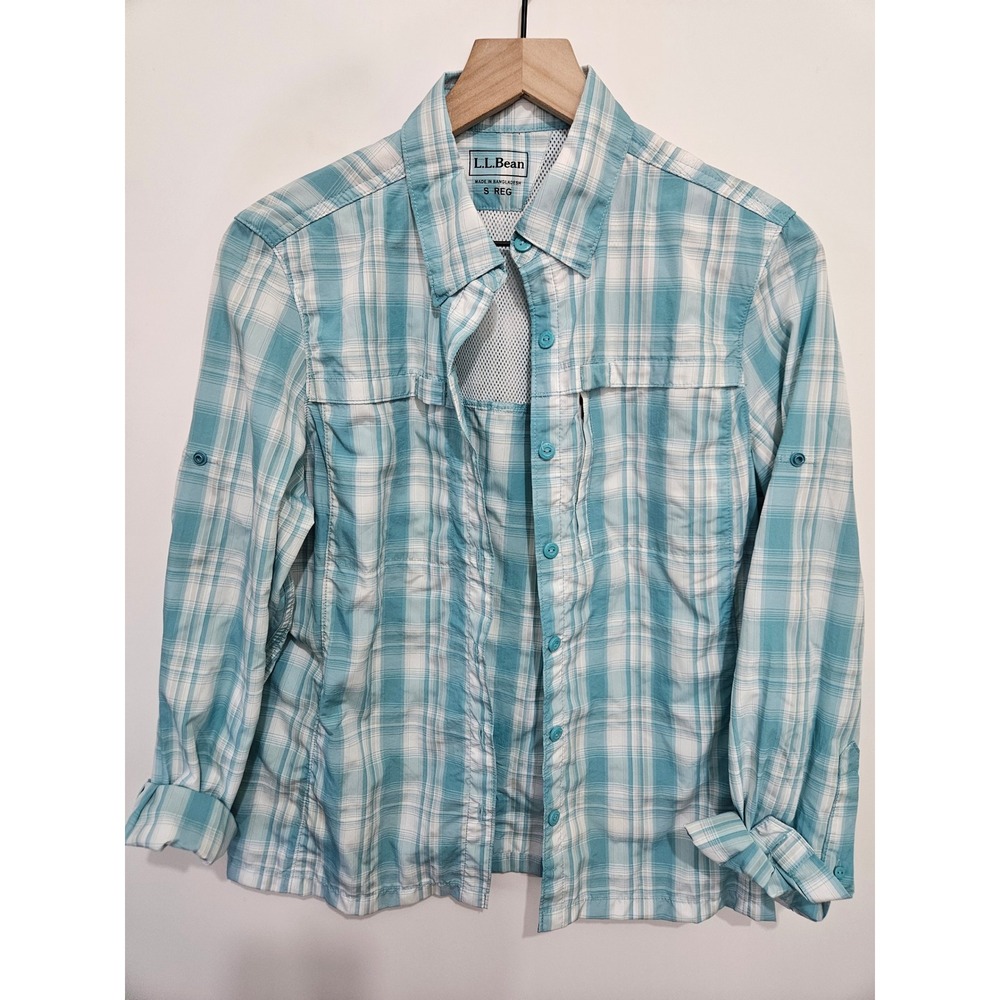 LL Bean Womens Teal Plaid Long Sleeve Hiking Fishing Shirt Mesh Vnt 506269 Small